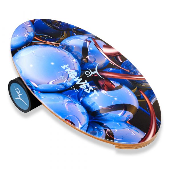 Wooden Balance Board Trainer with Rubberized Anti-Slip Roller. Blue Sphere Design. 27.5 x 15.7 in.