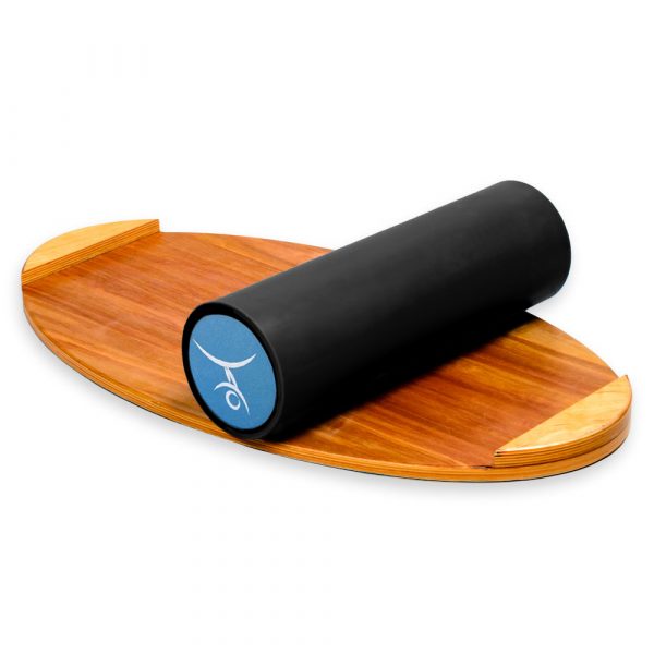 Wooden Balance Board Trainer with Rubberized Anti-Slip Roller. Blue Sphere Design. 27.5 x 15.7 in.