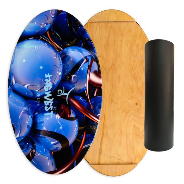 Wooden Balance Board Trainer with Rubberized Anti-Slip Roller. Blue Sphere Design. 27.5 x 15.7 in.