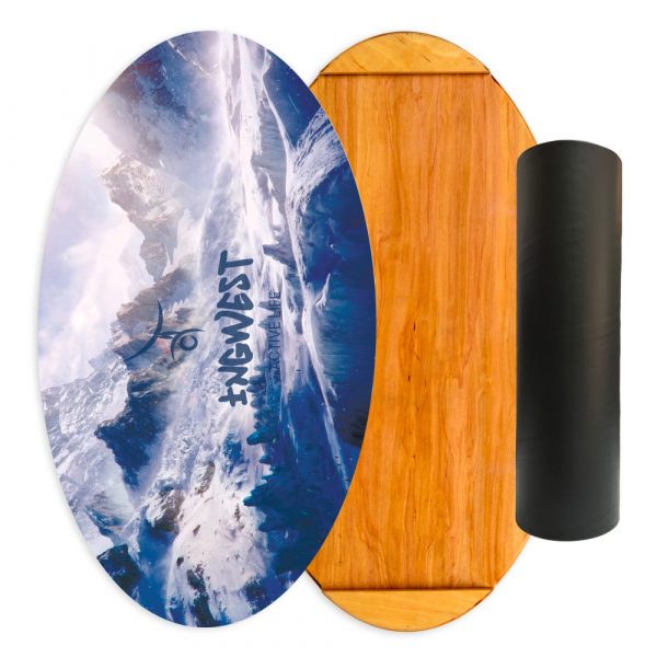 Wooden Balance Board Trainer with Rubberized Anti-Slip Roller. Mountains Design. 27.5 x 15.7 in.