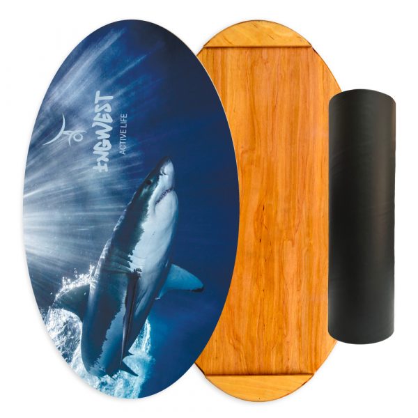 Wooden Balance Board Trainer with Rubberized Anti-Slip Roller. Shark Design. 27.5 x 15.7 in.