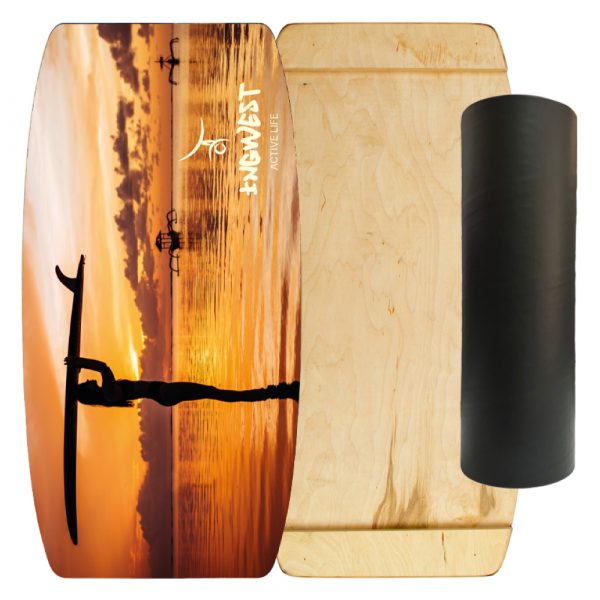 Wooden Balance Board Trainer with Rubberized Anti-Slip Roller. Sunset Design. 27.5 x 13.7 in.