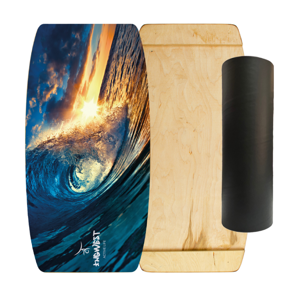 Wooden Balance Board Trainer with Rubberized Anti-Slip Roller. Wave-At-Sunset Design. 27.5 x 13.7 in.