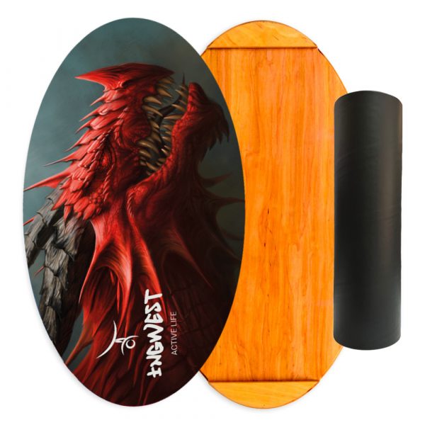 Wooden Balance Board Trainer with Rubberized Anti-Slip Roller. Red Dragon Design. 27.5 x 15.7 in.
