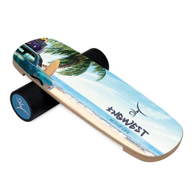 Wooden Balance Board Trainer with Rubberized Anti-Slip Roller. Retro beach Design. 27.5 x 9.8 in.