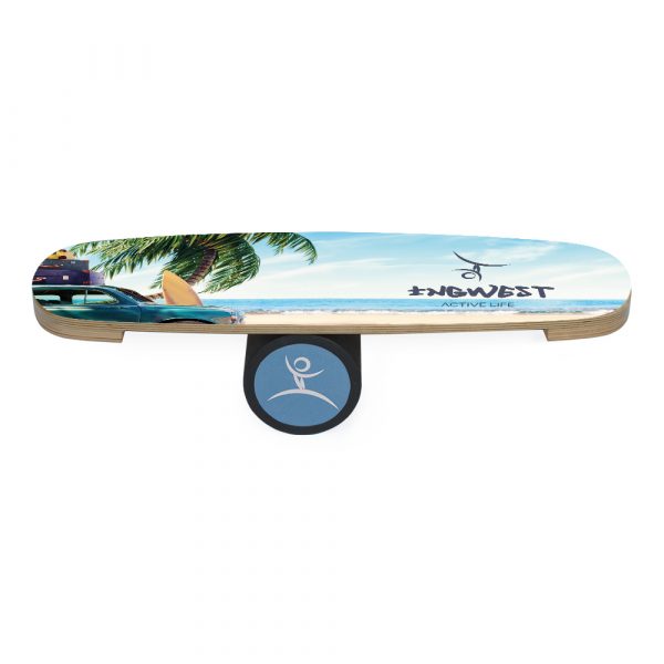 Wooden Balance Board Trainer with Rubberized Anti-Slip Roller. Retro beach Design. 27.5 x 9.8 in.