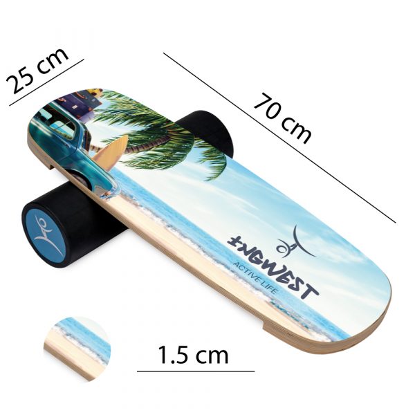 Wooden Balance Board Trainer with Rubberized Anti-Slip Roller. Retro beach Design. 27.5 x 9.8 in.