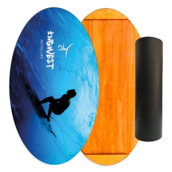 Wooden Balance Board Trainer with Rubberized Anti-Slip Roller. Surfer Design. 27.5 x 15.7 in.