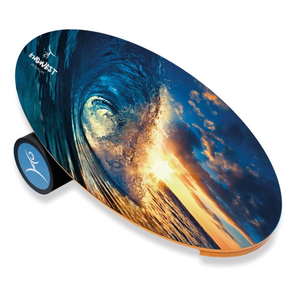 Wooden Balance Board Trainer with Rubberized Anti-Slip Roller. Wave at Sunset Design. 27.5 x 15.7 in.