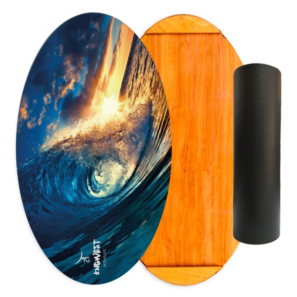 Wooden Balance Board Trainer with Rubberized Anti-Slip Roller. Wave at Sunset Design. 27.5 x 15.7 in.